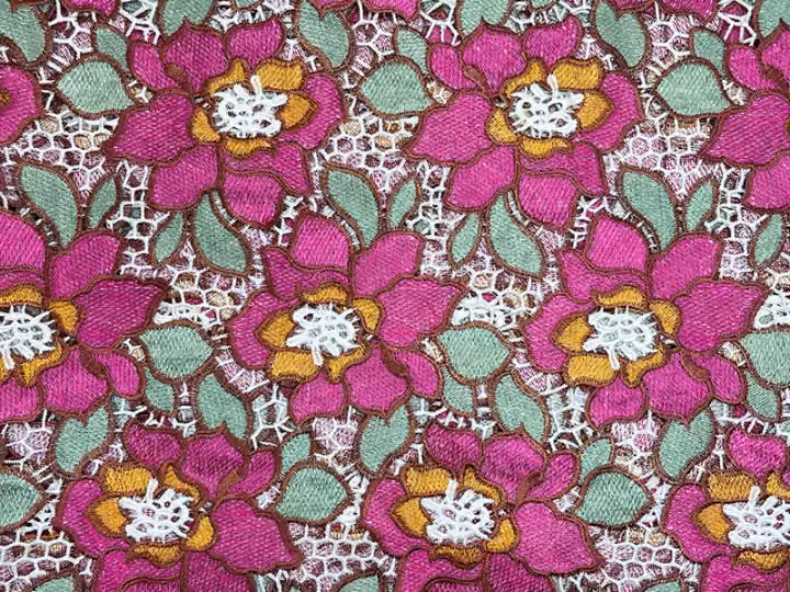 Magenta blossom · embroidered fabric — H054 — Magenta, green, gold & white