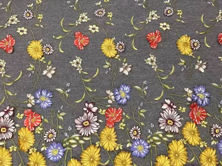 Bordure jardin parsemé · tissu brodé — H061 — Jaune, rouge, violet et vert
