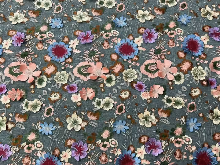 Pastel flower clusters · embroidered fabric — H068 — Pink, blue, cream & green
