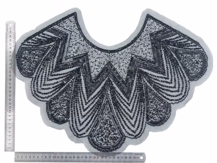 Black fan neckline applique — Black & silver