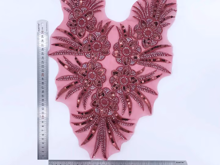 Pink botanical neckline applique — Burgundy, green & blue examples