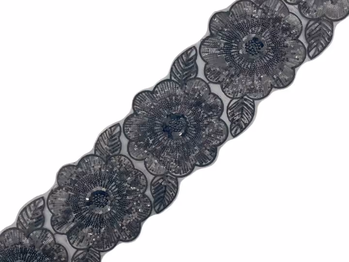 Galon floral perlé — Exemples noirs, violets, bleus et dorés