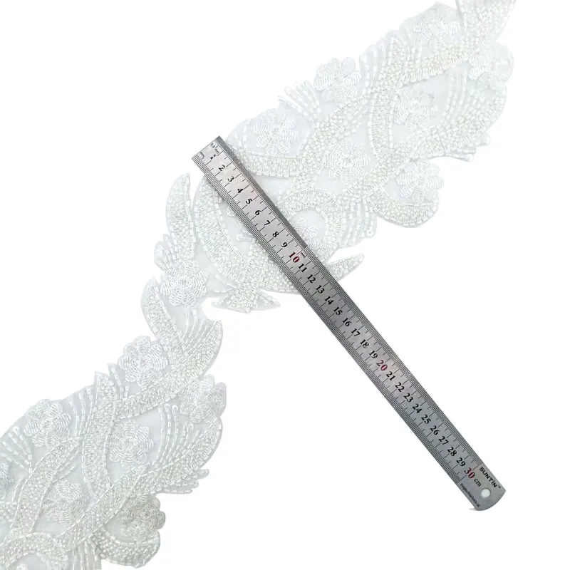 Floral scroll sequin trim — Black, white & gold examples