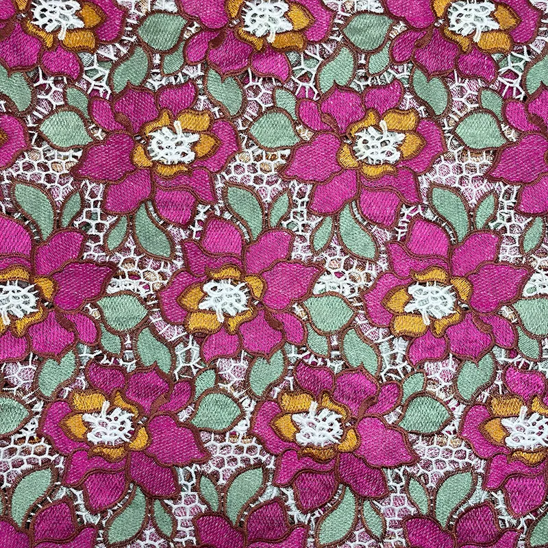 Magenta blossom · embroidered fabric — H054 — Magenta, green, gold & white
