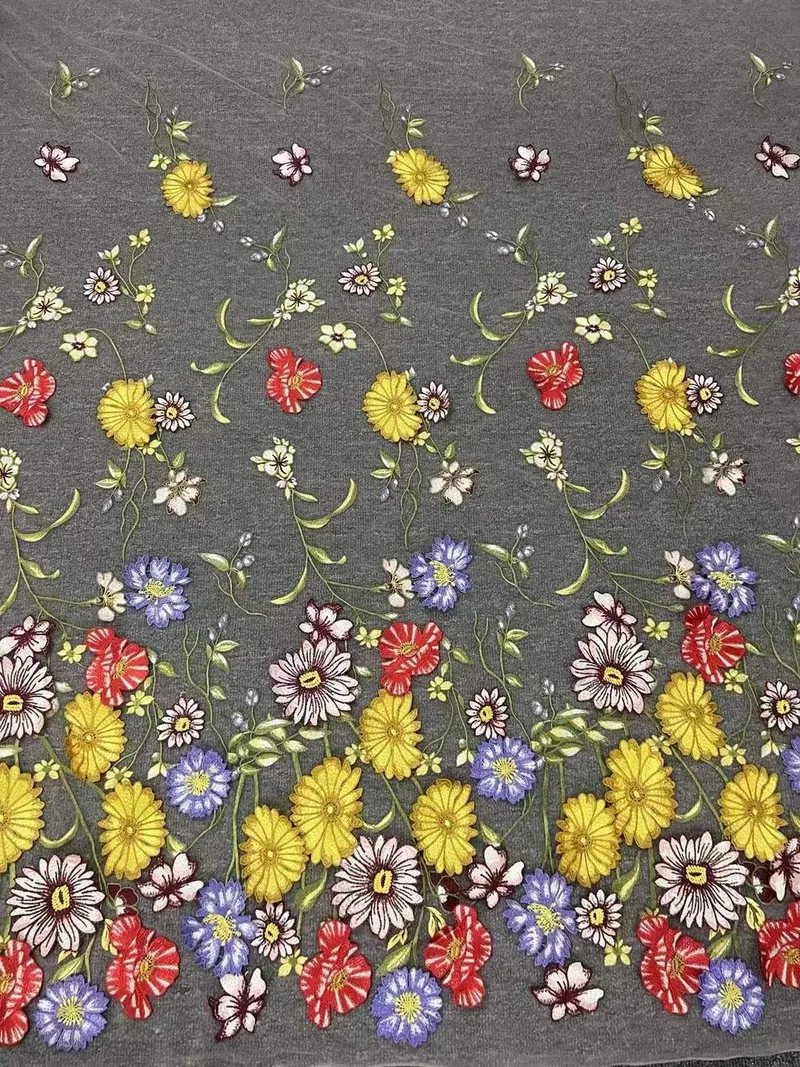 Scattered garden border · embroidered fabric — H061 — Yellow, red, purple & green