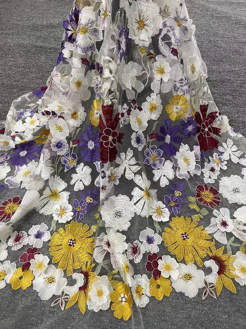 Draped meadow flowers · embroidered fabric — H067 — White, yellow, purple & burgundy