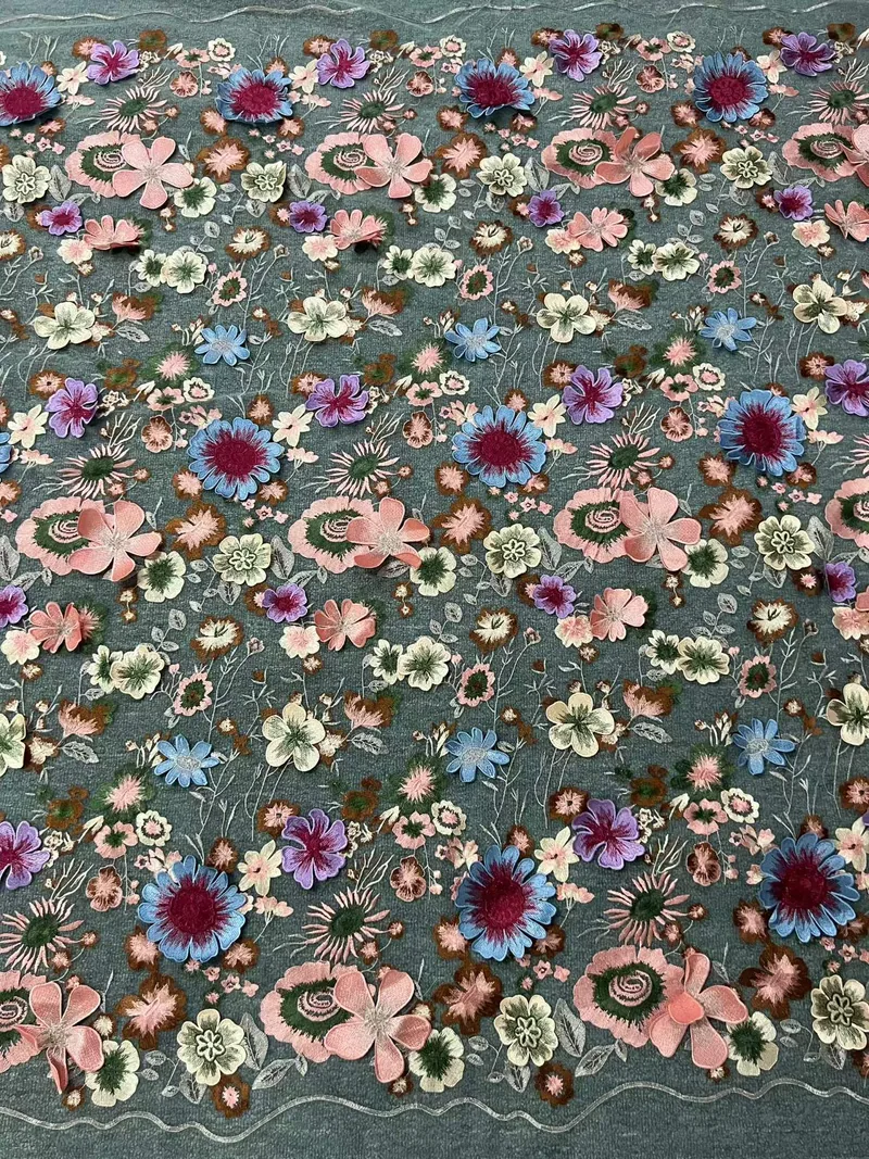 Pastel flower clusters · embroidered fabric — H068 — Pink, blue, cream & green
