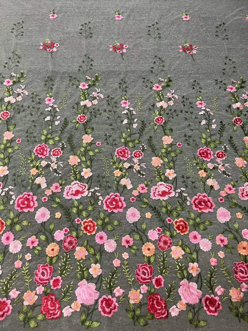 Pink rose border · embroidered fabric — H070 — Pink, white & green