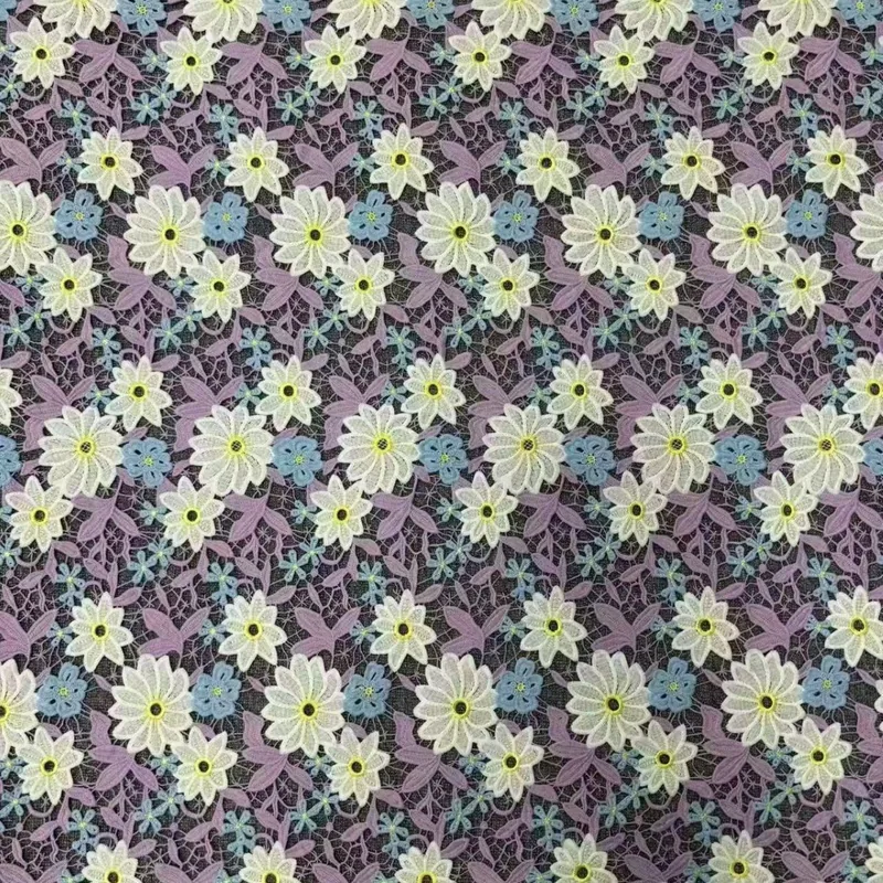 Pastel star daisies · embroidered fabric — H073 — White, pale blue, lilac & green