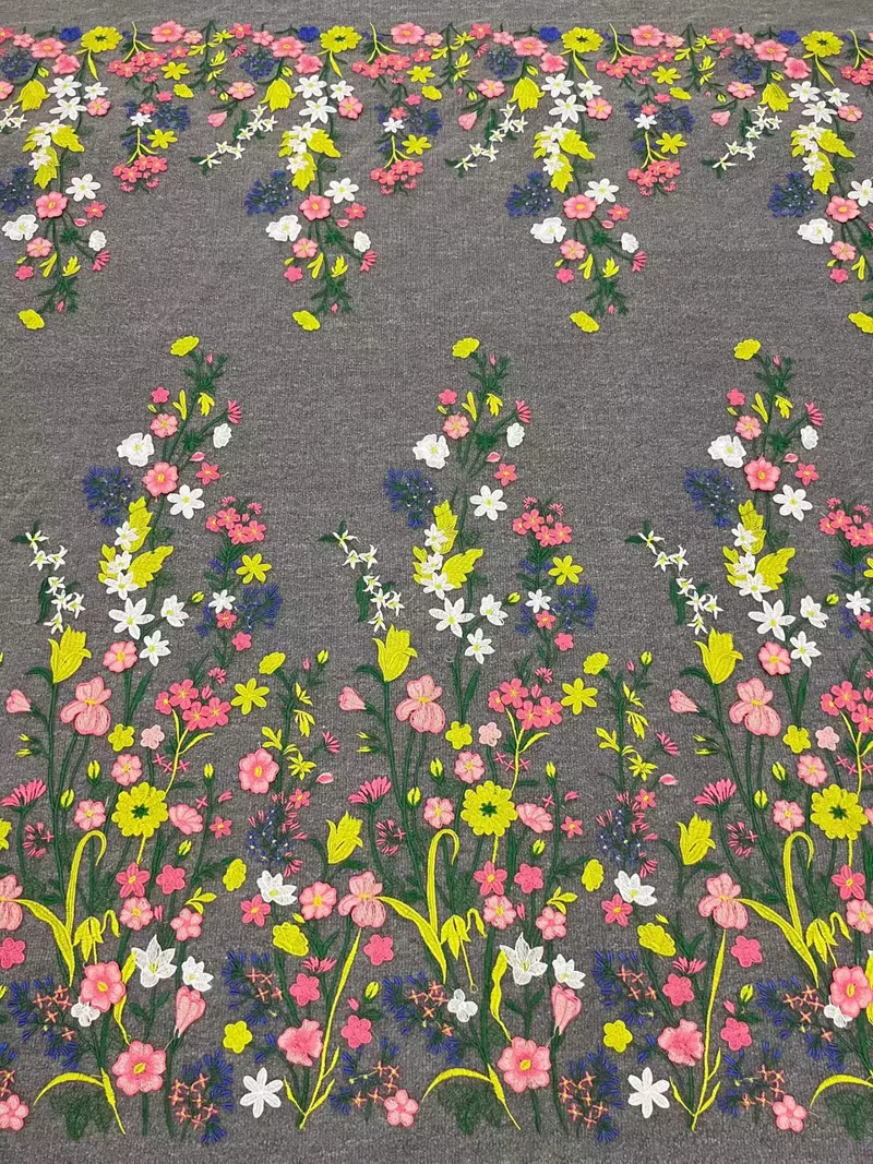 Flower vine border · embroidered fabric — H082 — Pink, yellow, white & green