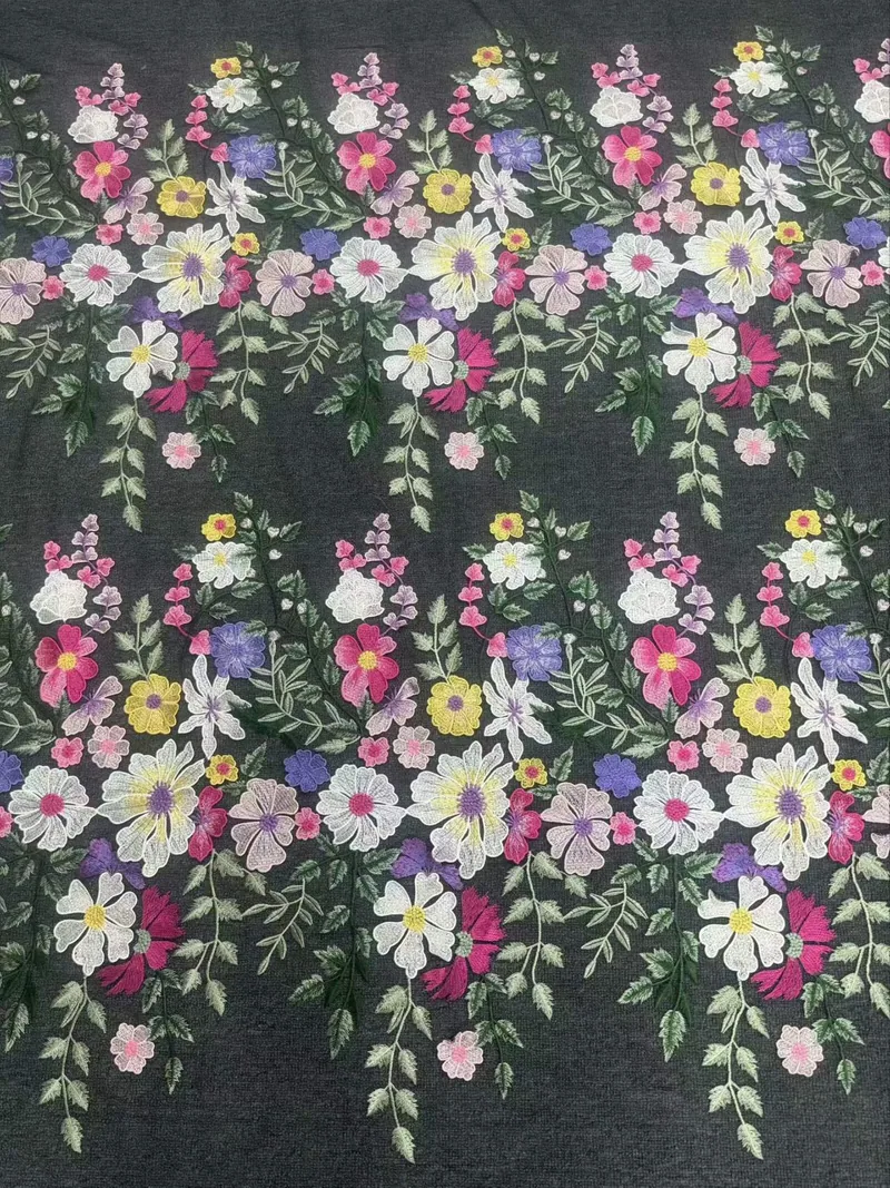 Trailing floral garlands · embroidered fabric — H086 — Pink, white, yellow & green