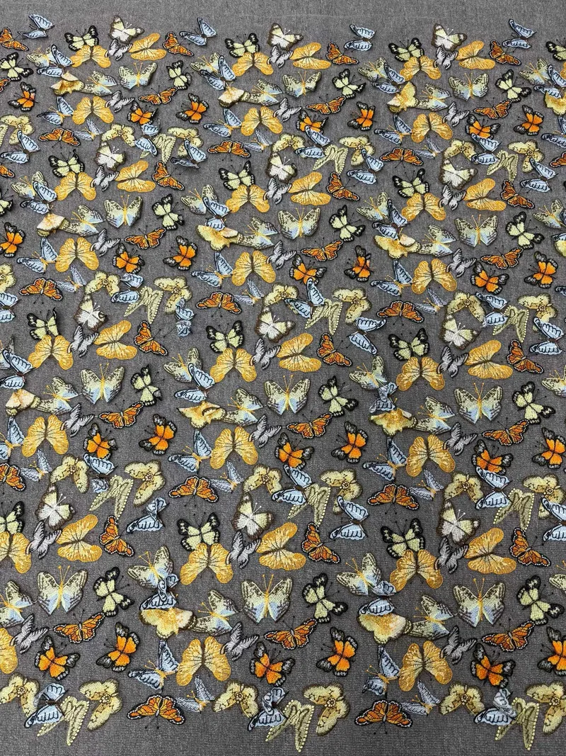 Feuilles botaniques dorées · tissu brodé — Q881 — Jaune, doré, crème et gris